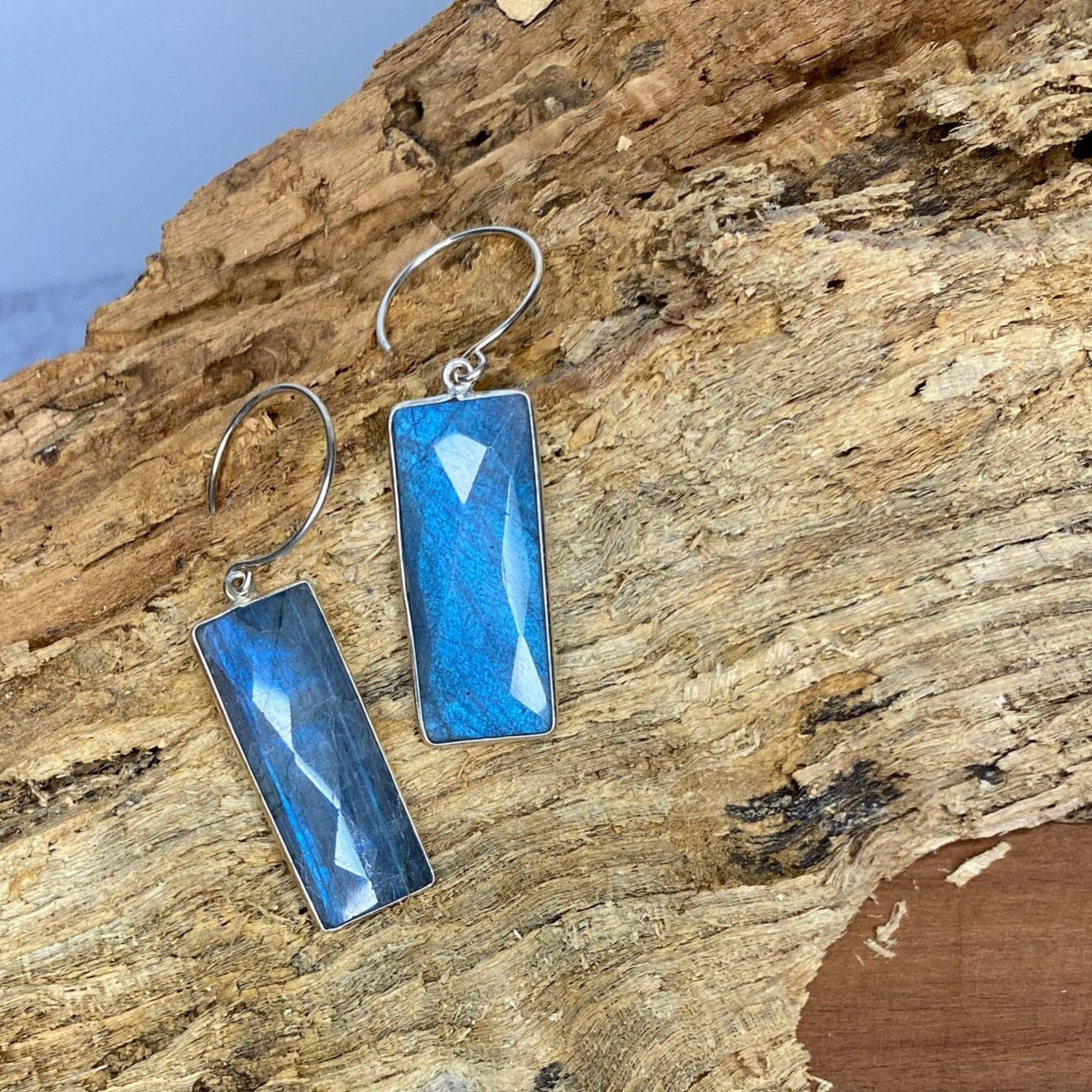 rectangle labrodorite earrings with stainless steel on reclaimed driftwood